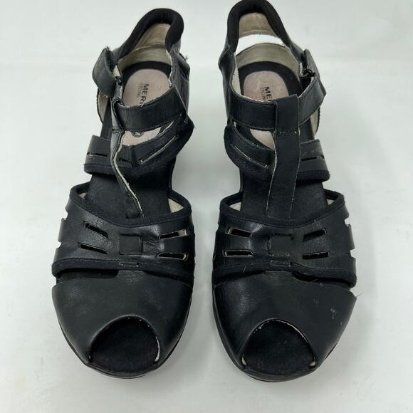 Merrell Leather Heeled Sandal Black Open Toe Slingback - 7 - Picture 3 of 10